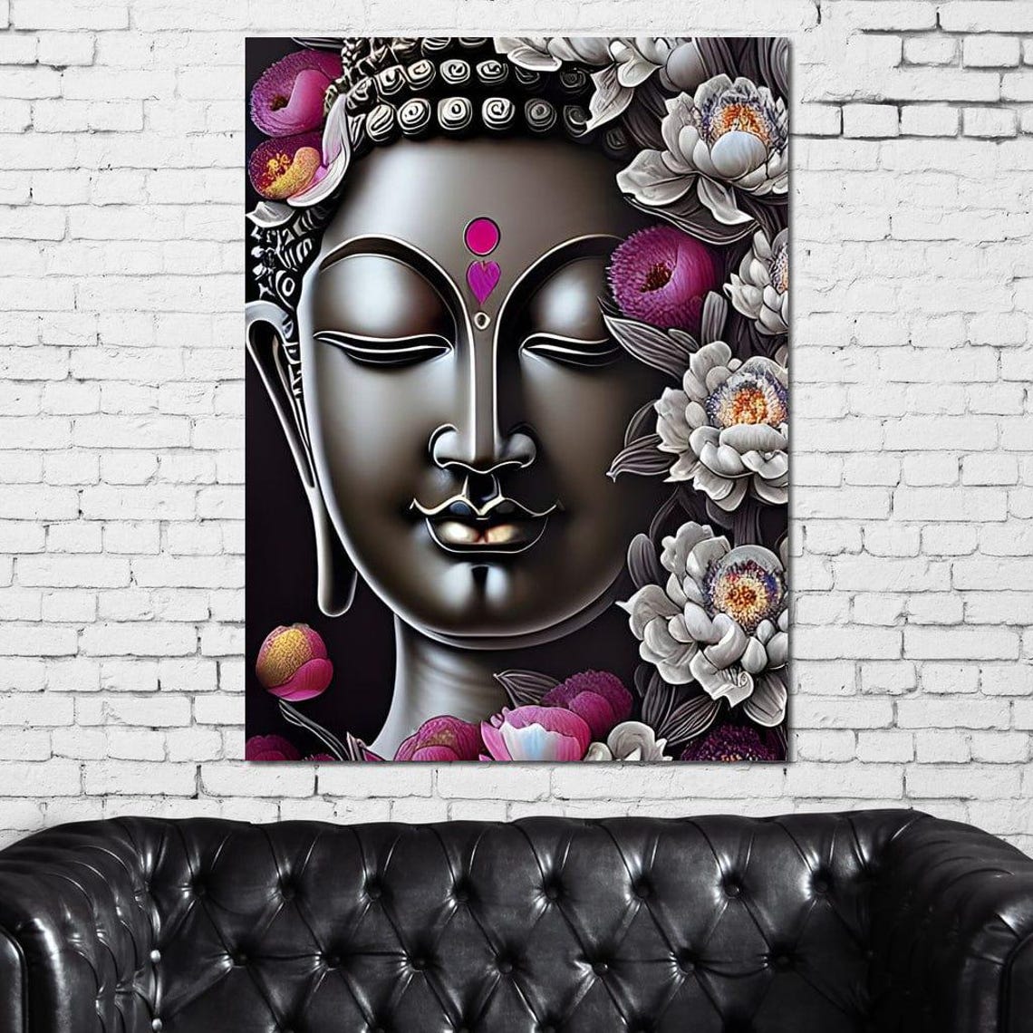 Silver Buddha Face Pink Grey Flowers Lotus Zen Calm Meditation Poster - Image 2