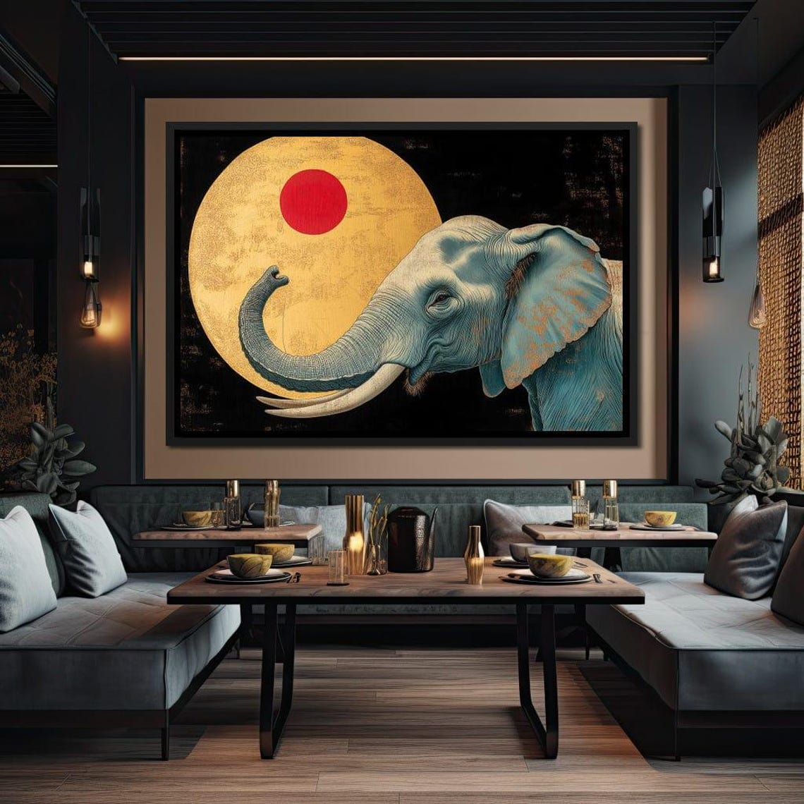 Blue Elephant Gold Moon Red Sun Japanese Style Wildlife Poster - Image 2