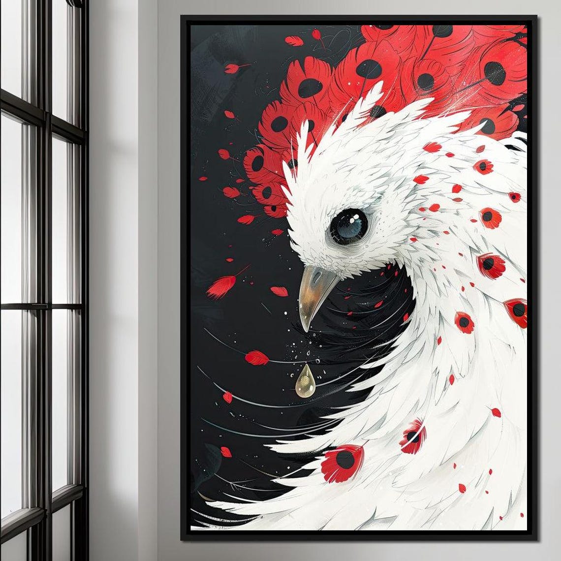 White Dove With Crimson Feathers Black Background Bird Art Poster - Image 4