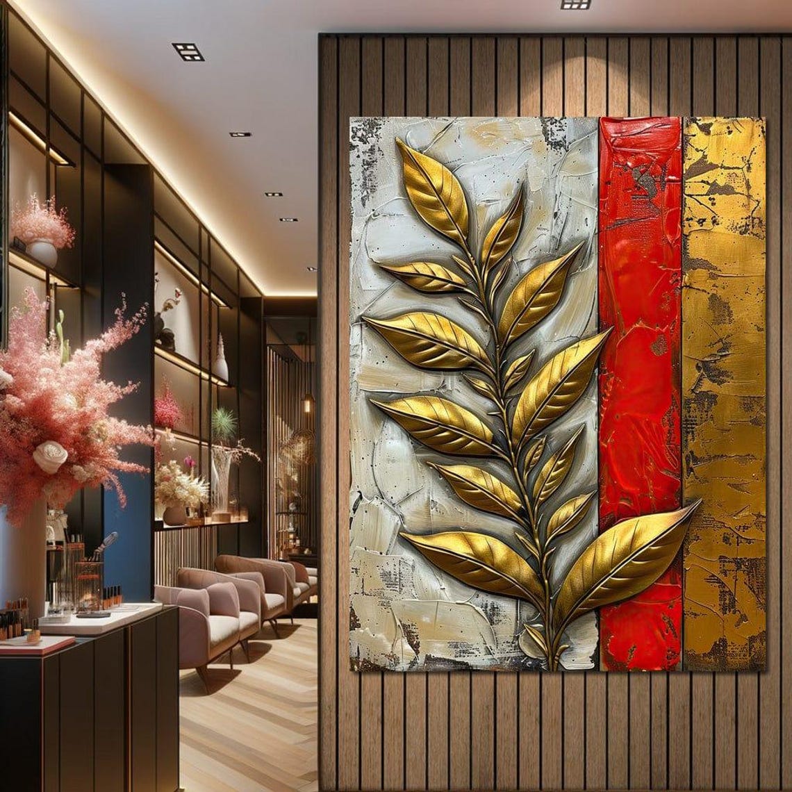 Gold Leaf Branch Red White Textured Abstract Botanical Wall Poster - Image 2