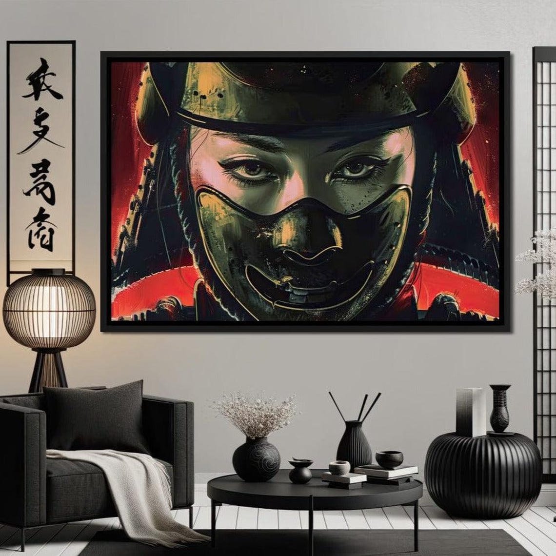 Female Samurai Warrior Helmet Mask Red Background Japanese Art Print