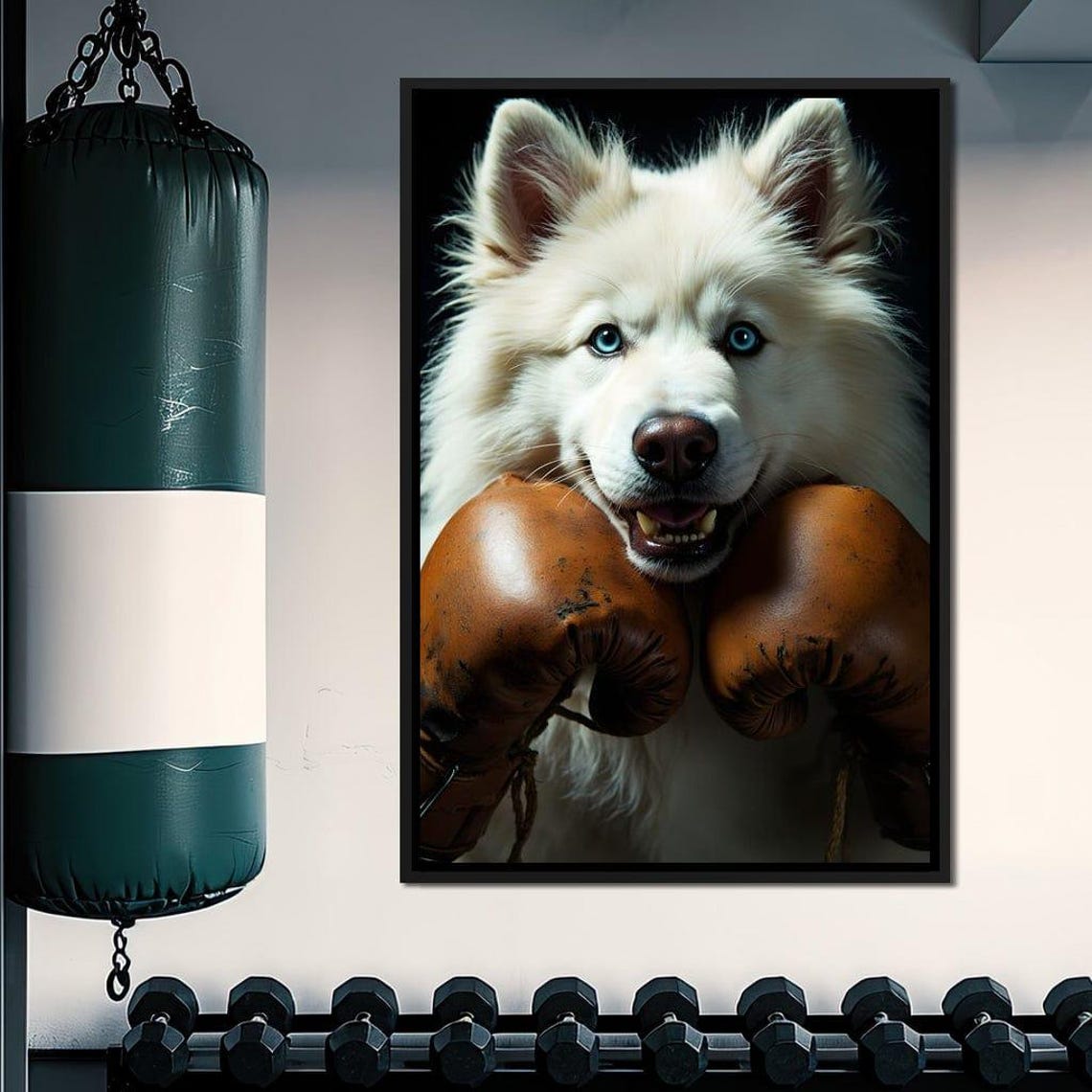 Smiling Samoyed Puppy Resting on Tan Boxing Gloves Funny Poster - Image 4