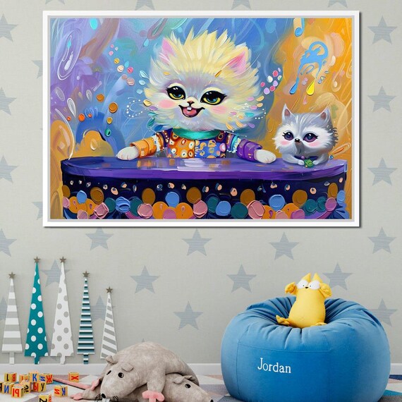 Cute Cartoon Cats Color Burst Playful Kids Room Art Kitty Wall Art