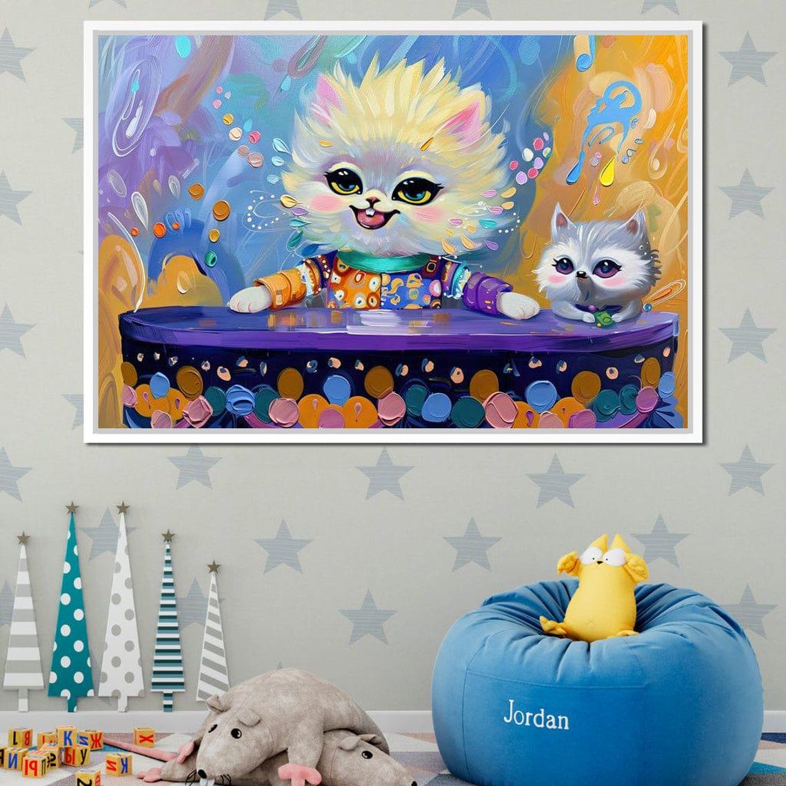 Cute Cartoon Cats Color Burst Playful Kids Room Art Kitty Wall Art