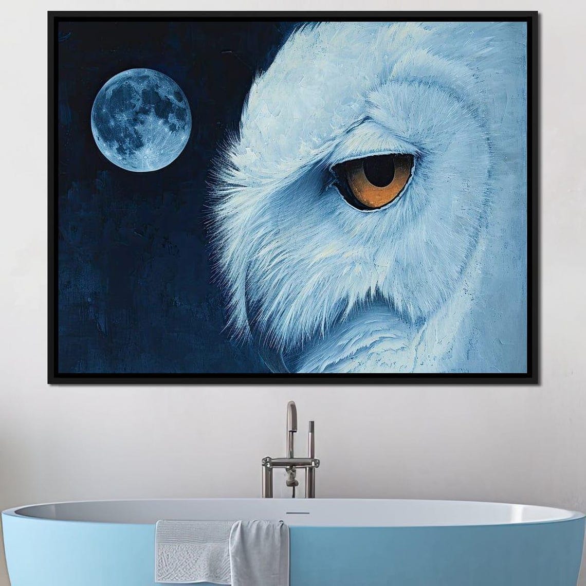 Snowy White Owl Amber Eye Full Moon Midnight Blue Wildlife Poster - Image 2