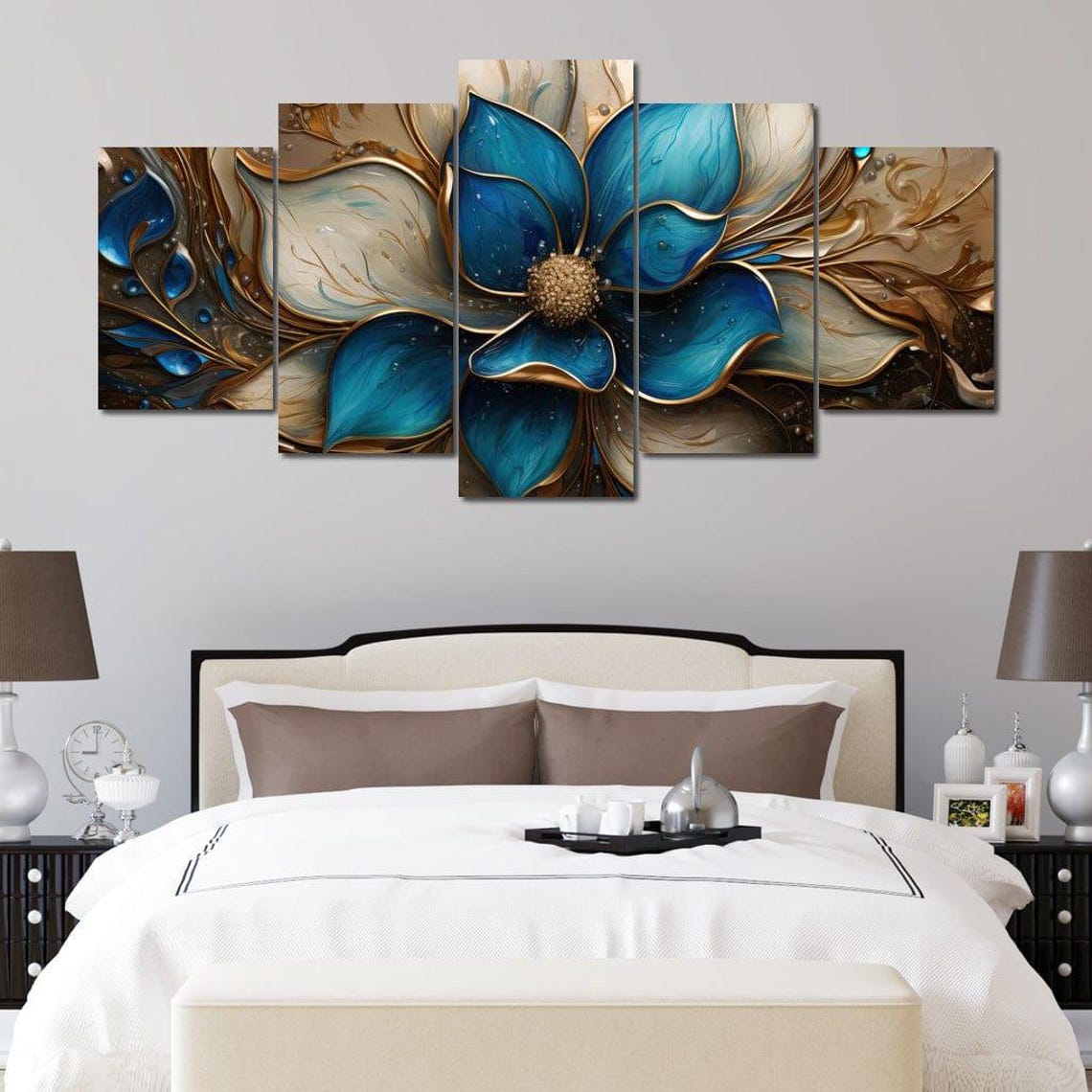 Blue Gold Floral Multi Panel Canvas Bloom Elegant Modern Poster