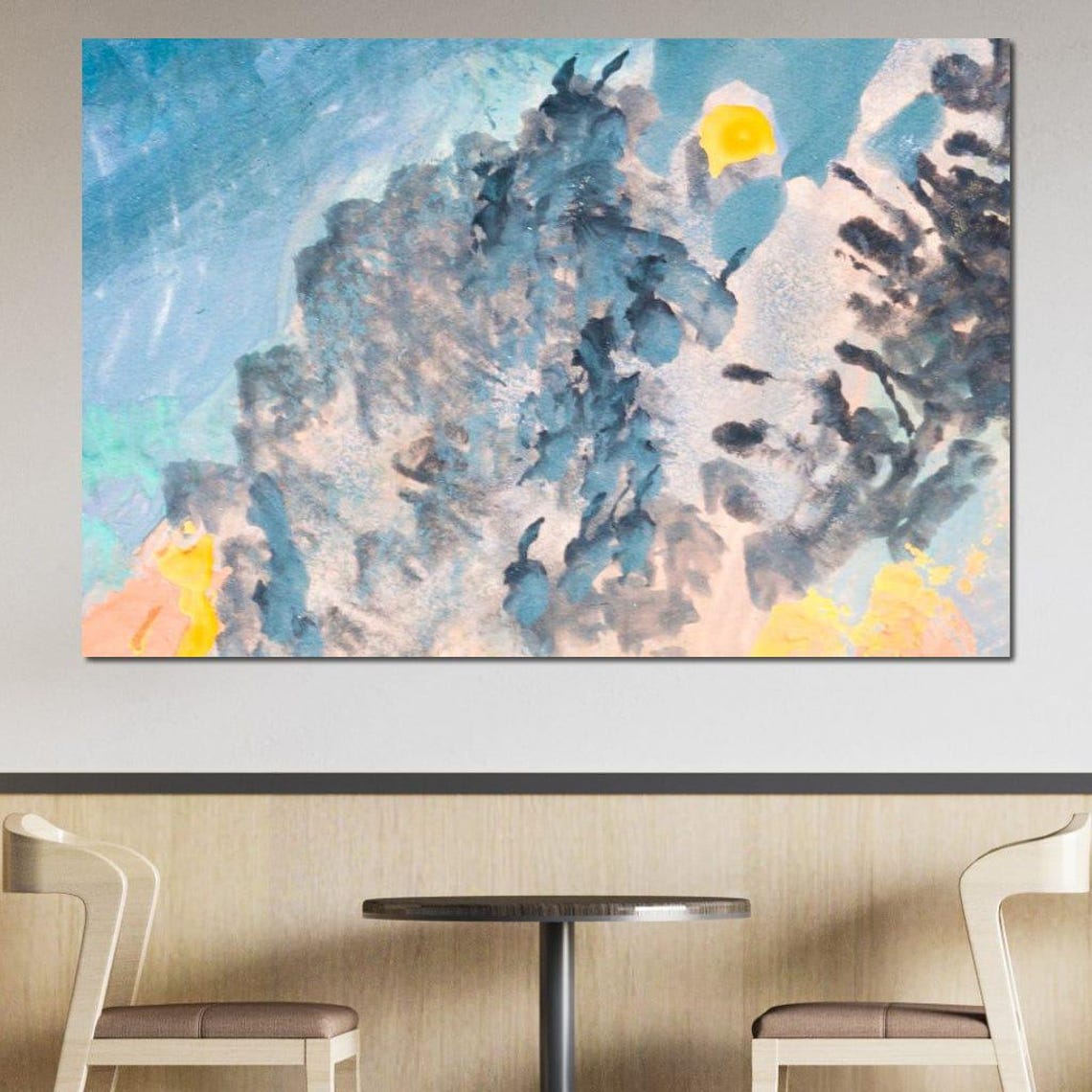 Blue Grey Watercolor Coastal Seascape Yellow Sun Modern Wall Art