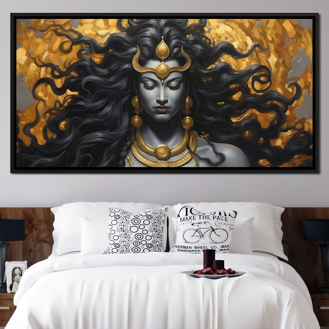 Golden Hindu Goddess Blue Skin Flowing Hair Spiritual Wall Art Print - Image 3