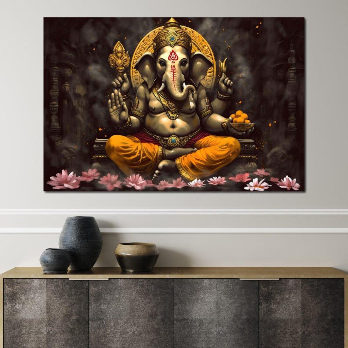 Seated Lord Ganesha Golden Halo Lotus Blossoms Divine Blessing Wall Art Poster - Image 4