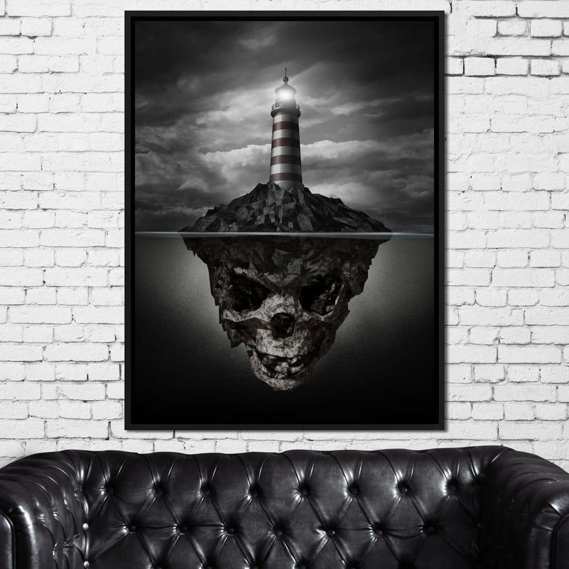 Striped Lighthouse On Skull Shaped Rock Island Surreal Dark Art Poster