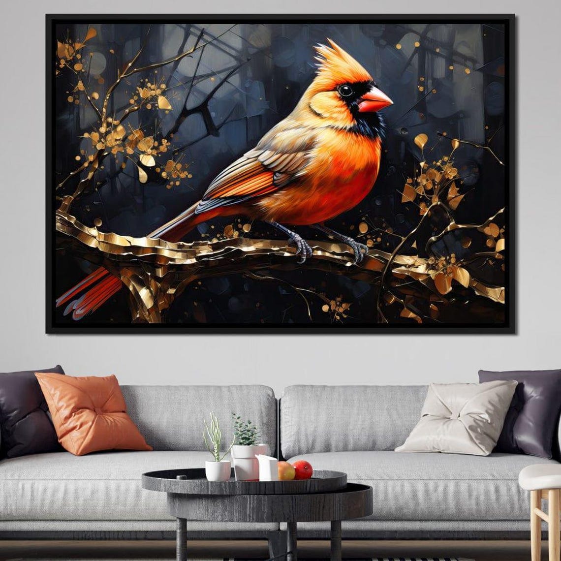 Gold Black Cardinal Perched Golden Branch Elegant Bird Poster