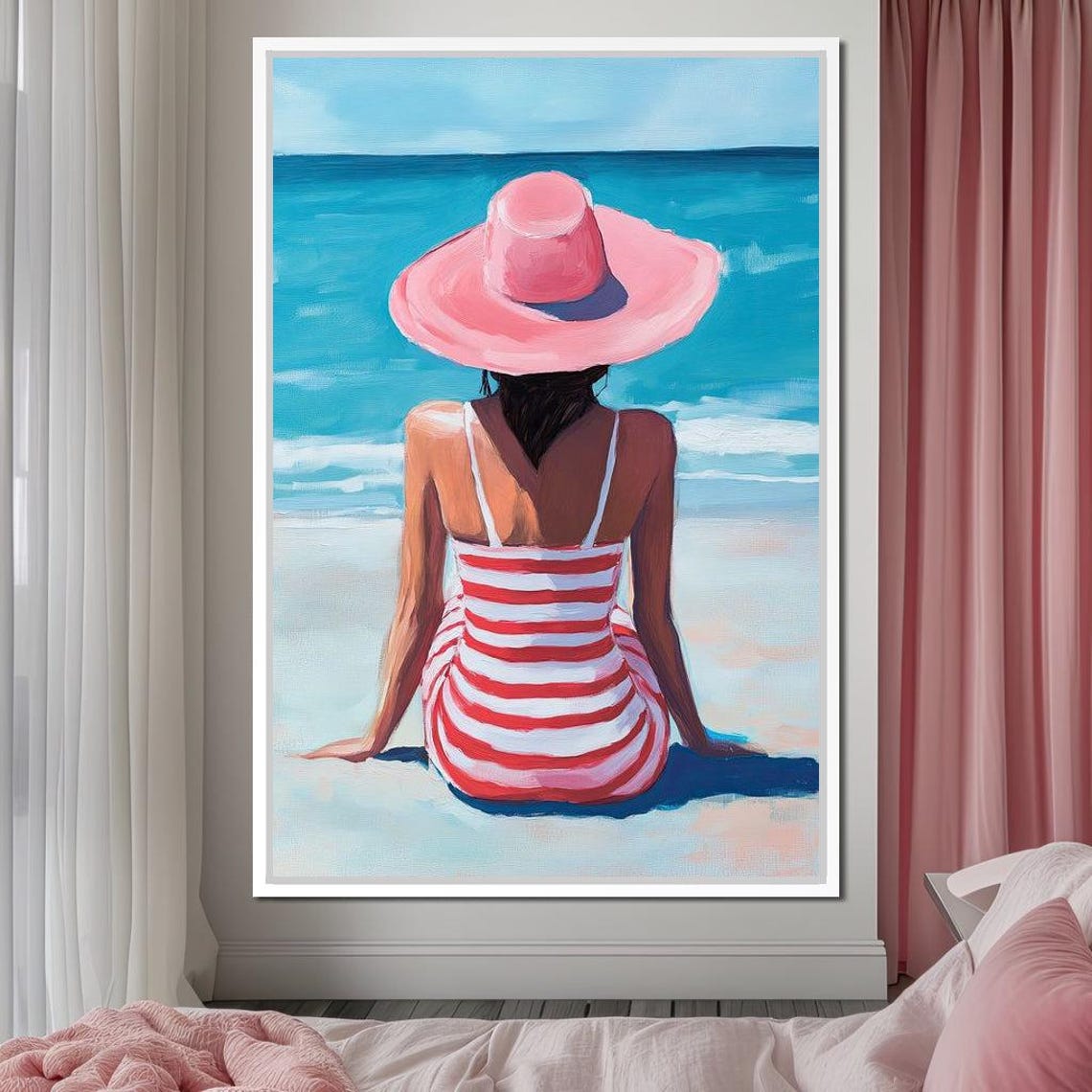 Woman in Pink Sunhat Striped Swimsuit Beach Ocean Summer Art Print - Image 3