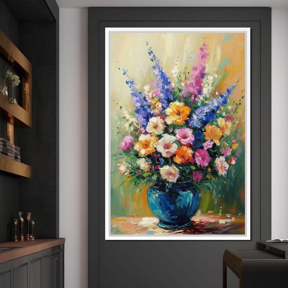 Colorful Wildflower Bouquet In Blue Vase Oil Painting Wall Art Print - Image 3