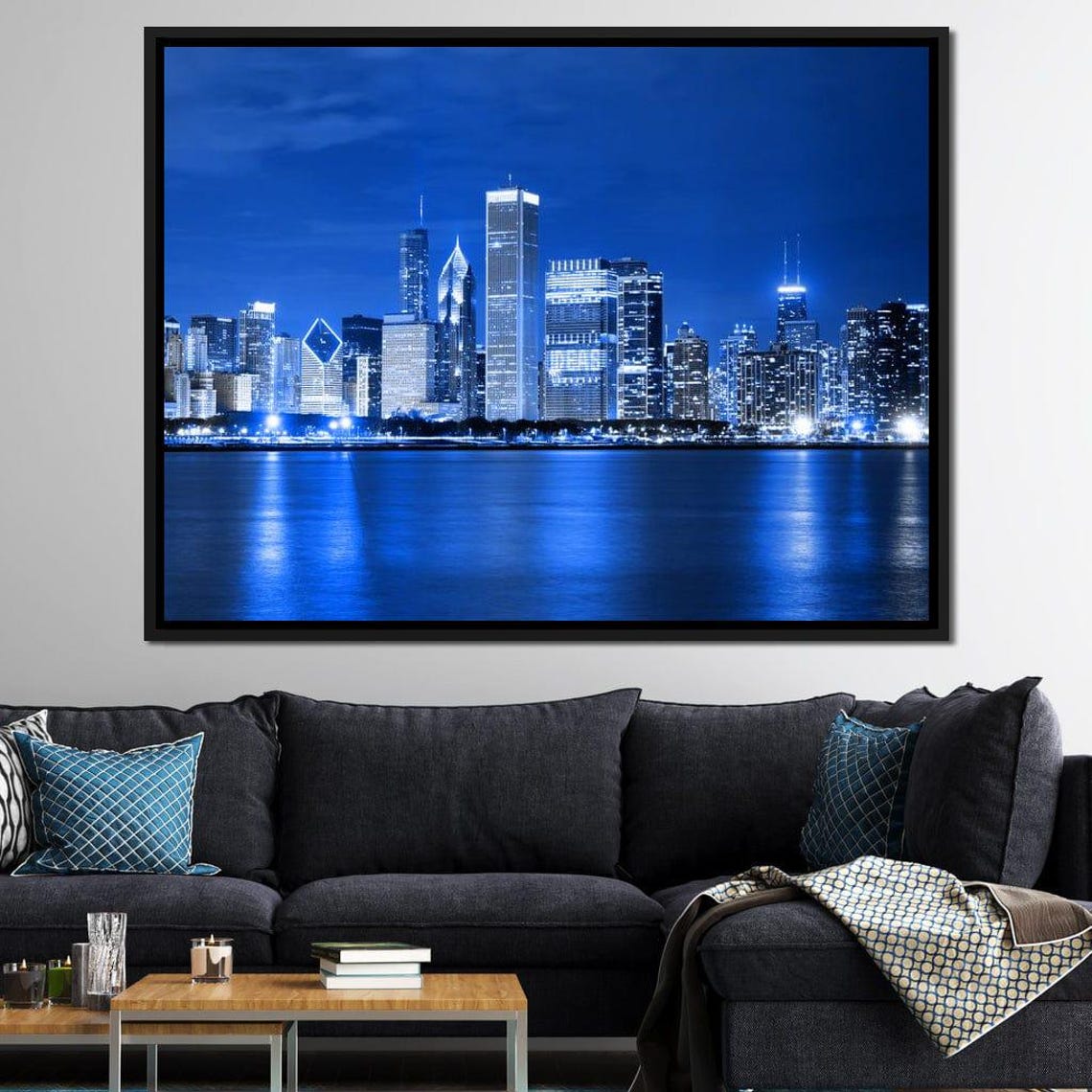 Chicago Skyline Blue Night Lake Reflection Downtown Lights City Poster - Image 2