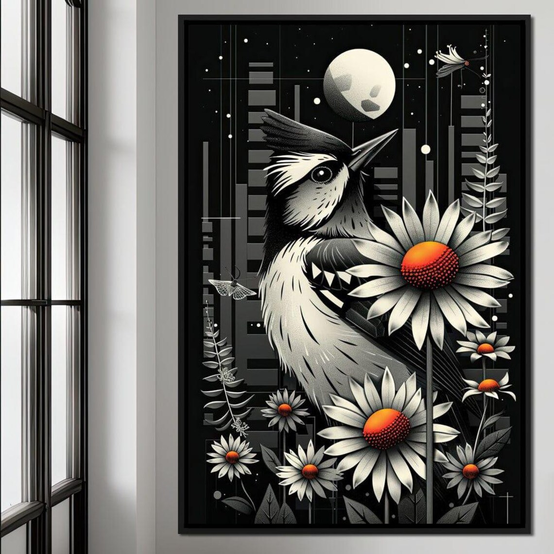 Monochrome Songbird Moonlight Daisies Night Sky Whimsical Art Poster