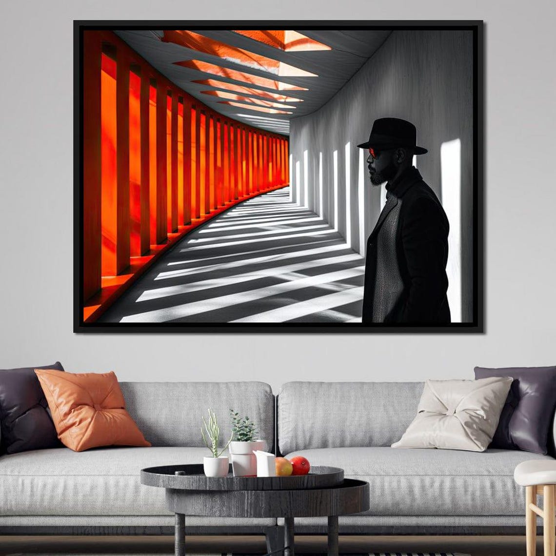 Architecture Of Solitude Fedora Man Orange Corridor Bold Art Poster