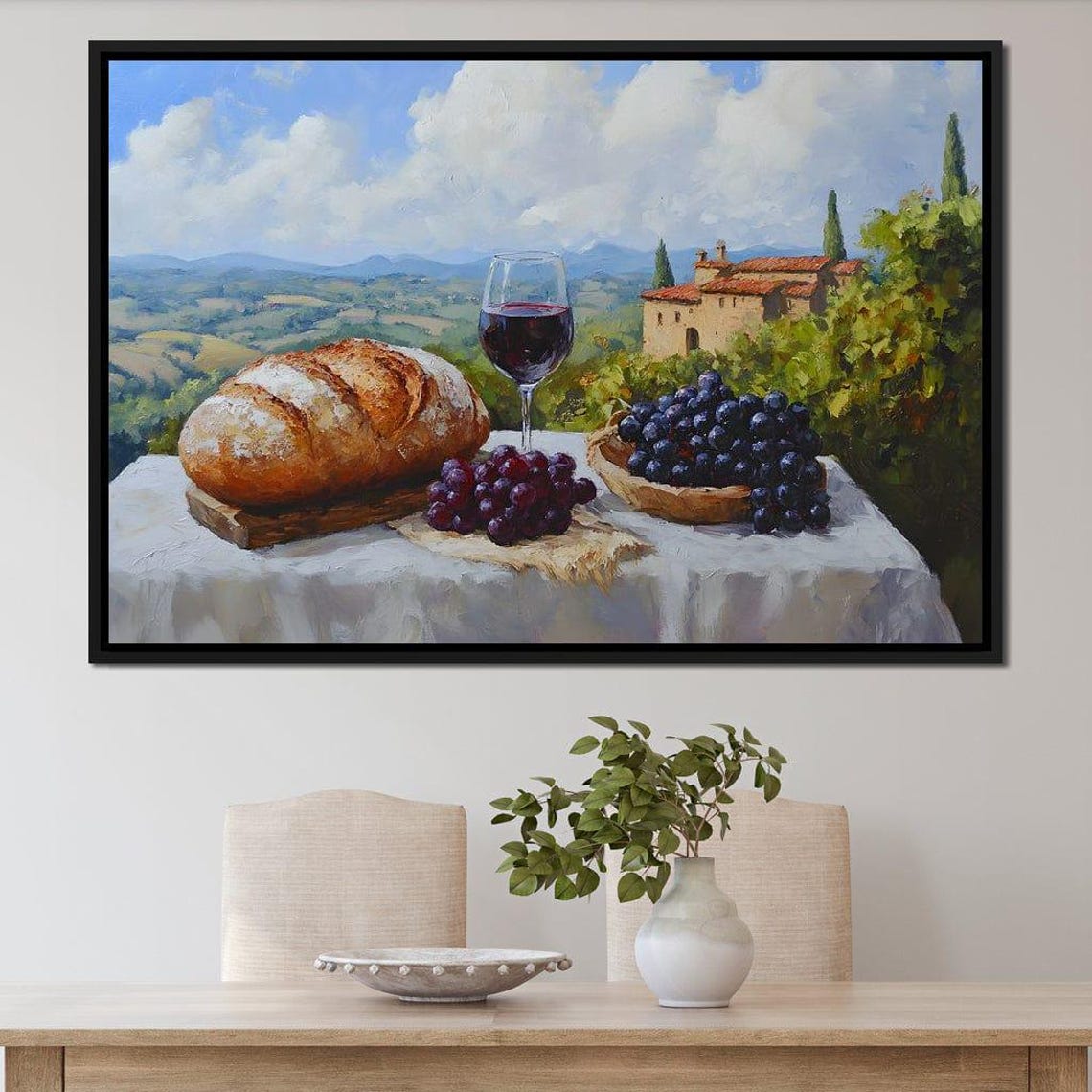Tuscan Vineyard Table with Wine Glass Bread and Grapes Poster - Image 2