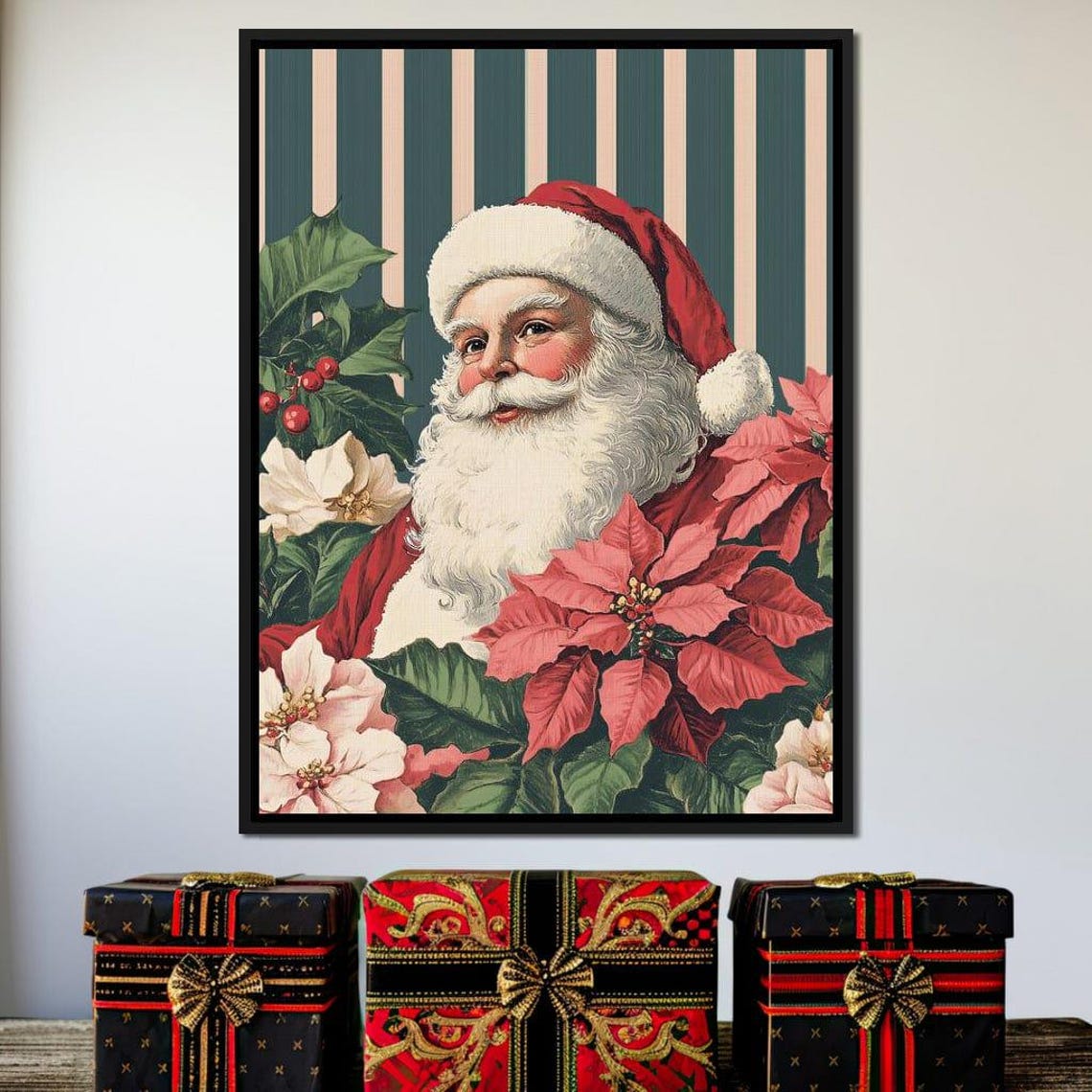 Vintage Santa Smiling With Poinsettias Retro Christmas Poster - Image 4