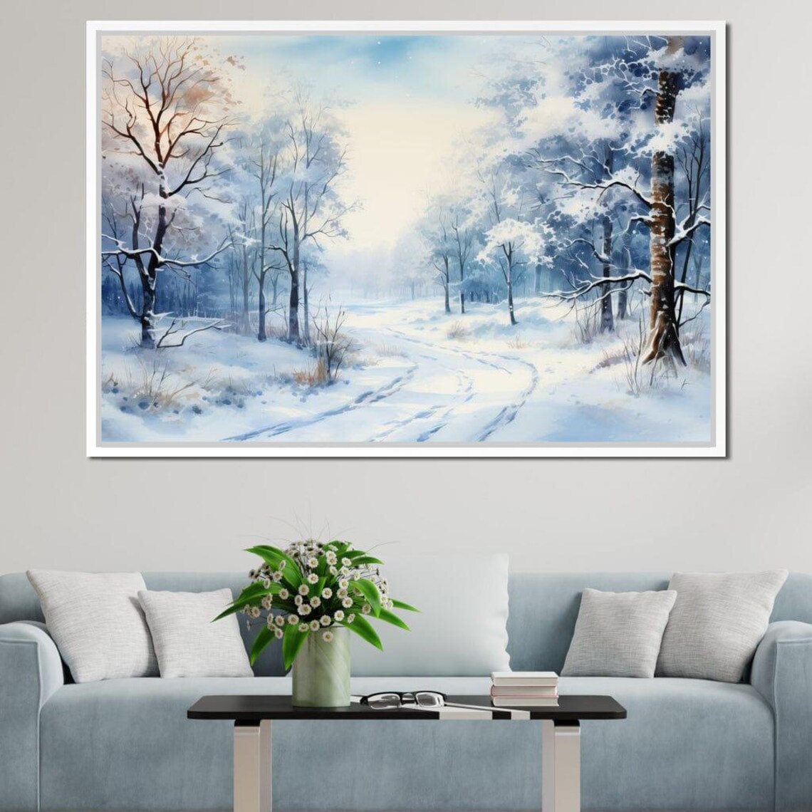 Sunlit Snowy Forest Winter Wonderland Watercolor Scenic Art Poster