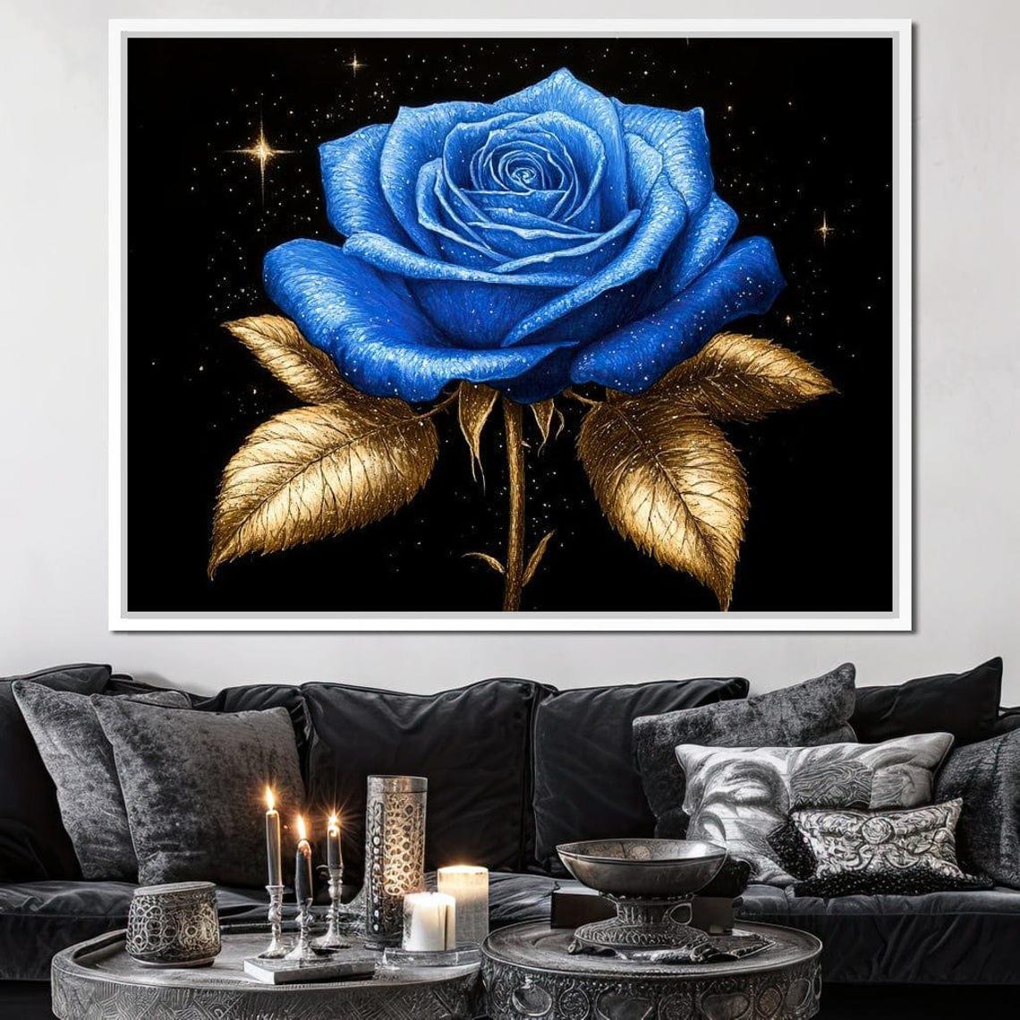 Blue Rose Gold Leaves Black Starry Night Celestial Floral Art Poster - Image 4