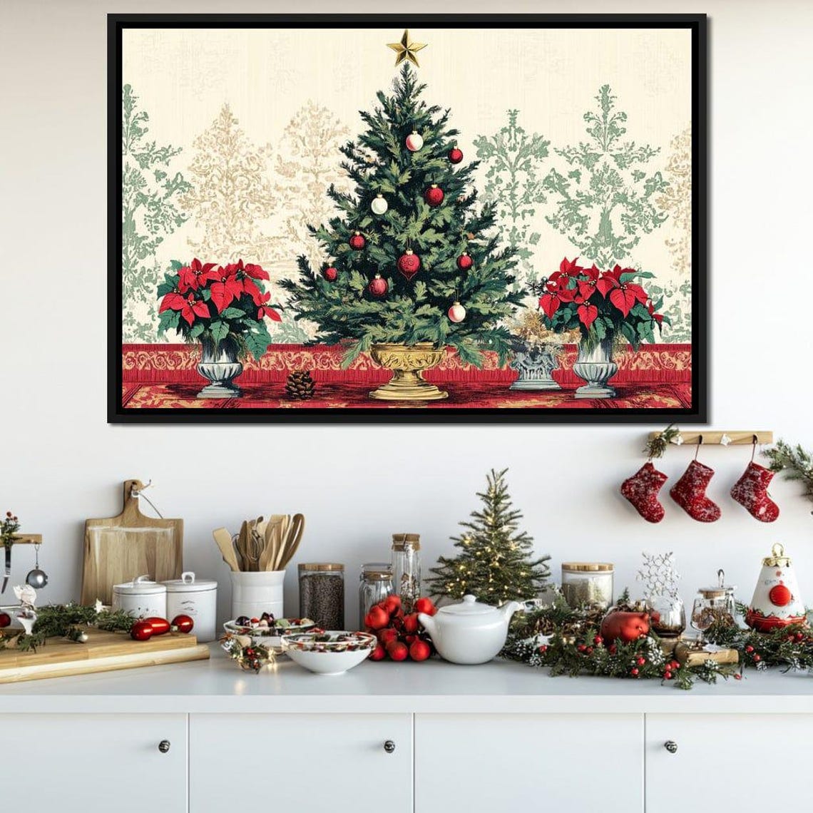 Christmas Tree With Red Ornaments And Poinsettias Mantel Poster - Image 4