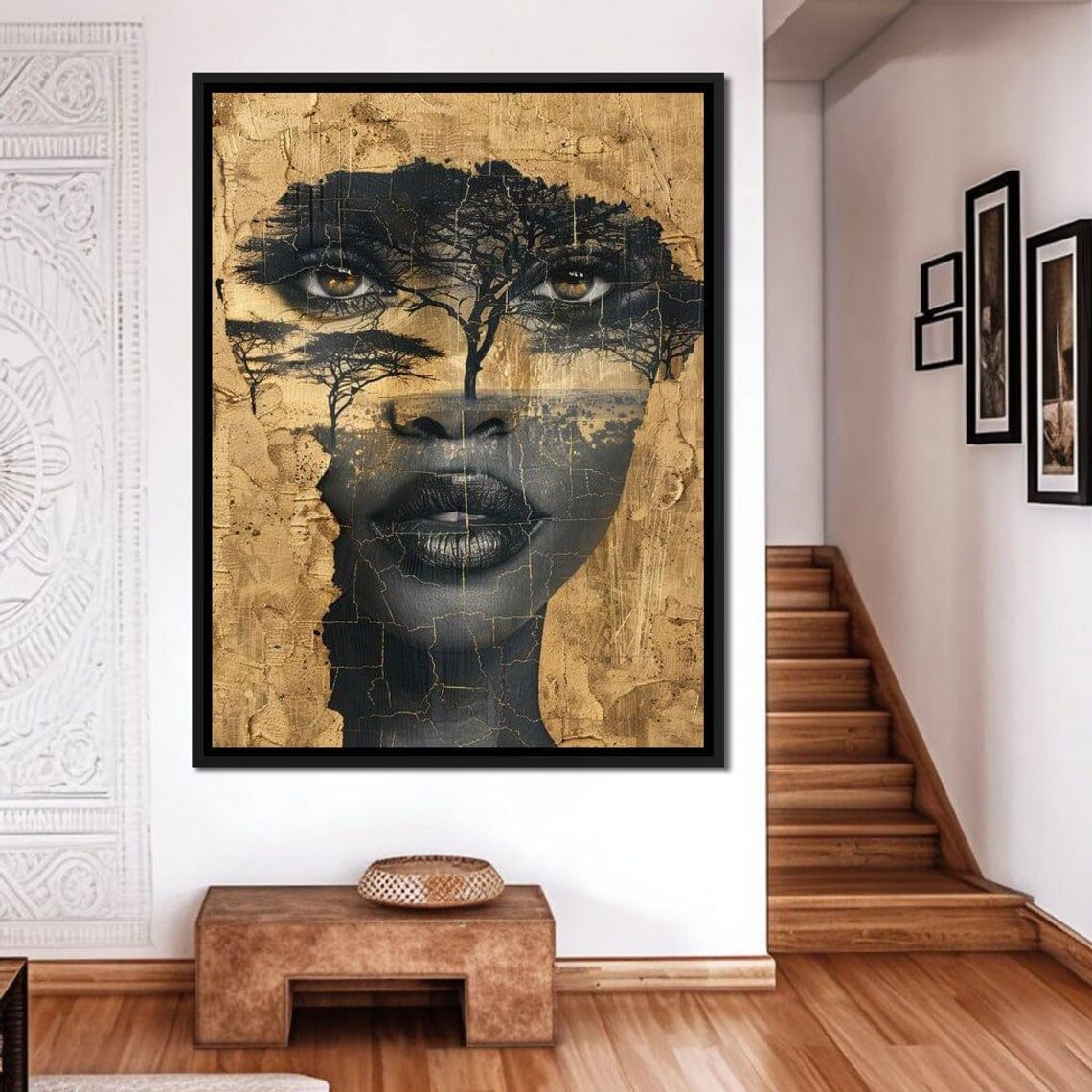 Golden Savanna Face Cracked Gold Acacia Tree Portrait Wall Art - Image 4