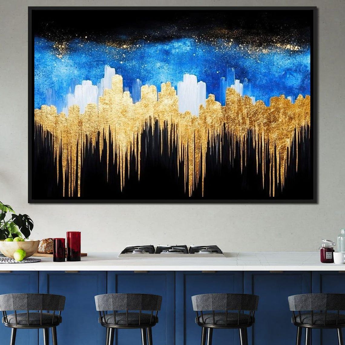 Golden Dripping Skyline Over Blue Starry Night Abstract City Poster - Image 2