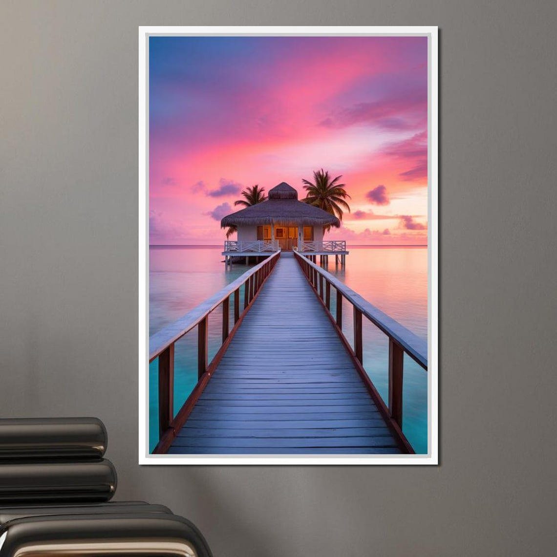 Overwater Bungalow Pink Sunset Tropical Island Escape Travel Poster - Image 3