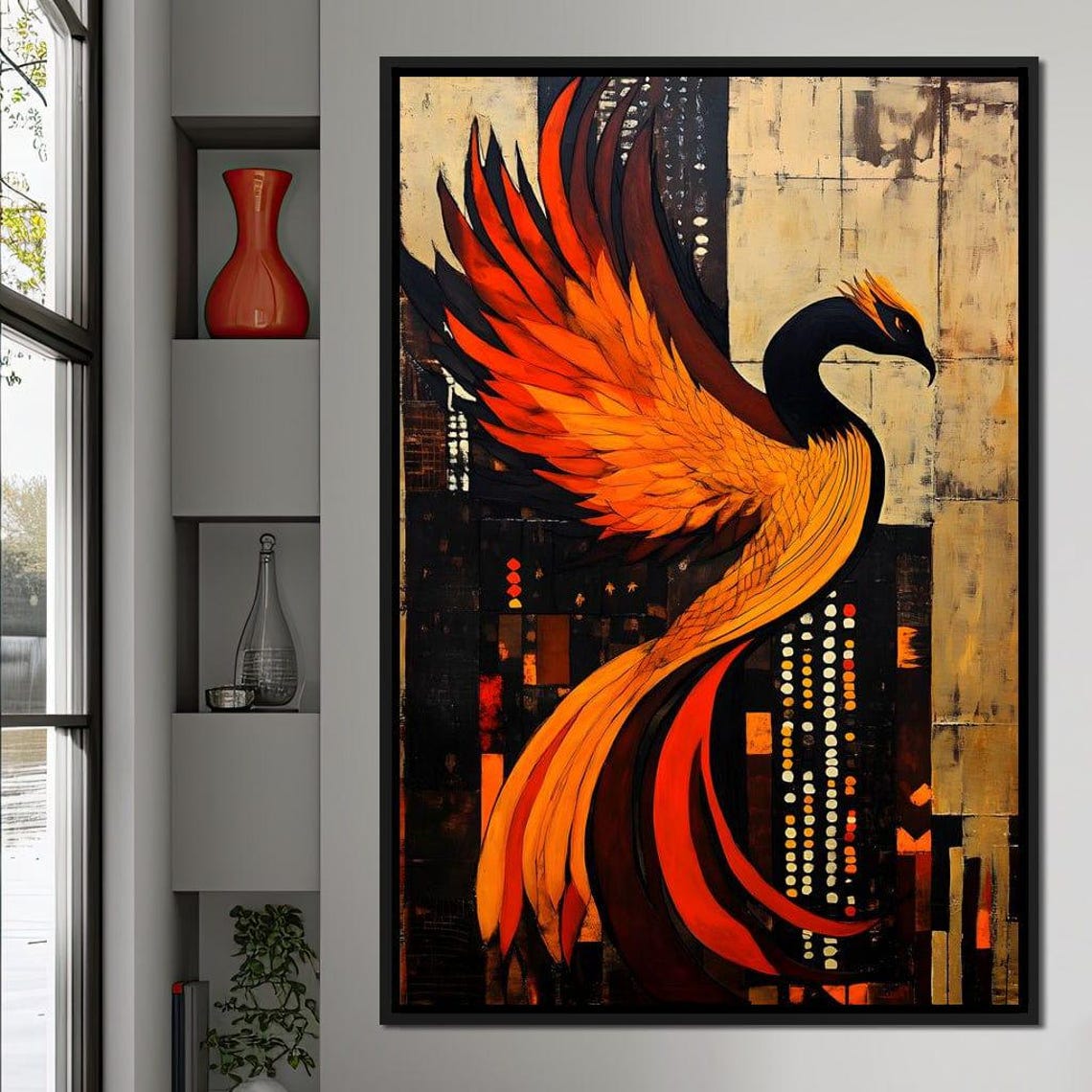 Fiery Orange Phoenix Soaring Above A Night City Modern Art Poster