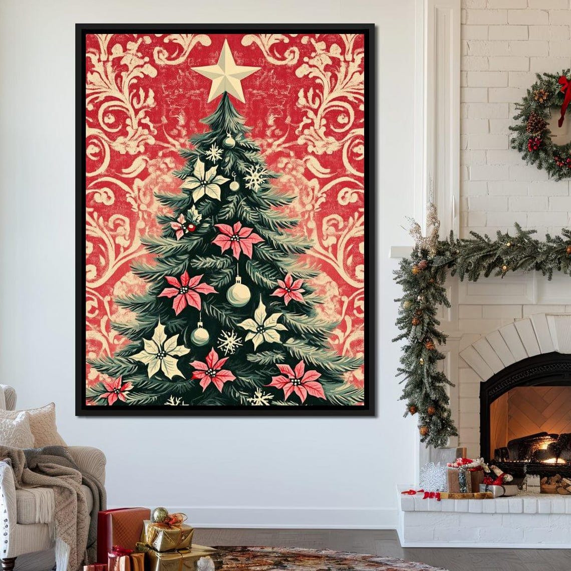 Christmas Tree With Pink Poinsettias Red Damask Holiday Poster - Image 3