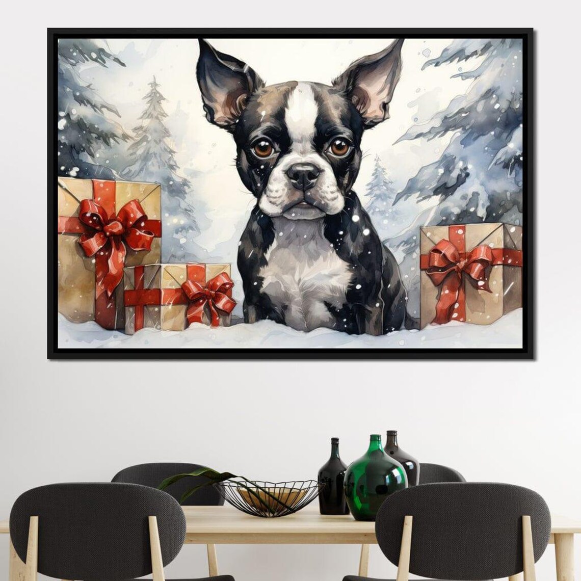 Boston Terrier Puppy Christmas Gifts Snowy Holiday Dog Wall Poster