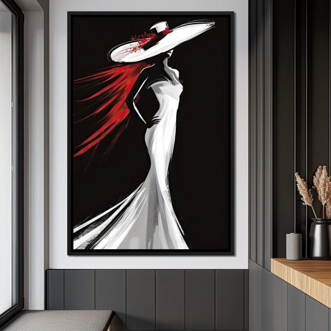 Fashion Woman White Gown Wide Hat Black Background Elegant Poster