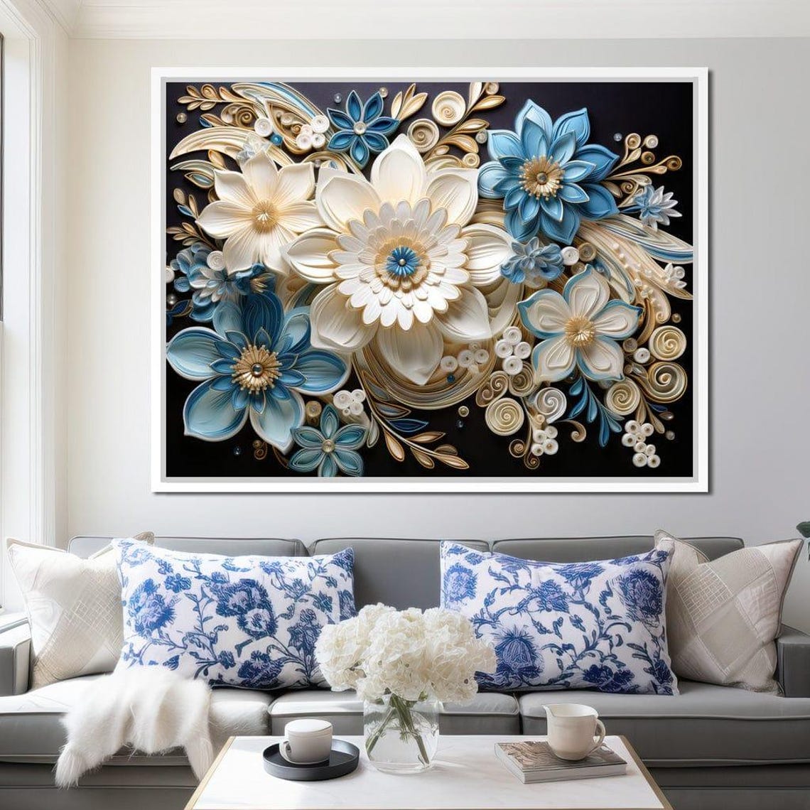Paper Quilling White Blue Gold Floral 3D Art On Black Wall Print