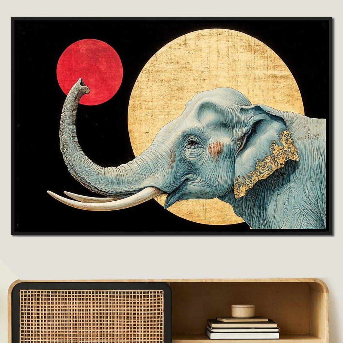 Teal Elephant Raised Trunk Gold Circle Black Modern Wildlife Poster - Image 2