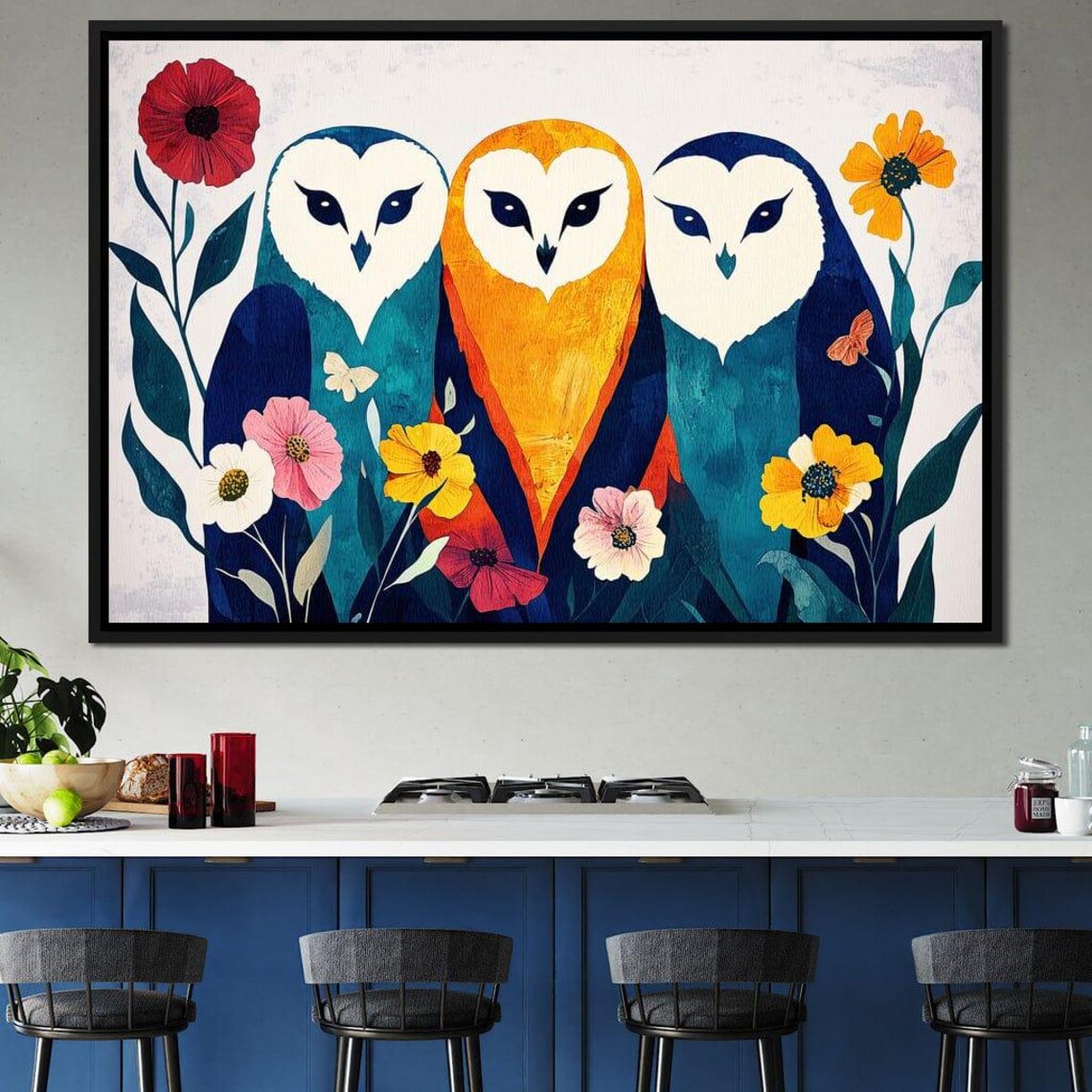 Three Colorful Barn Owls With Flowers Whimsical Wildlife Art Poster - Image 2