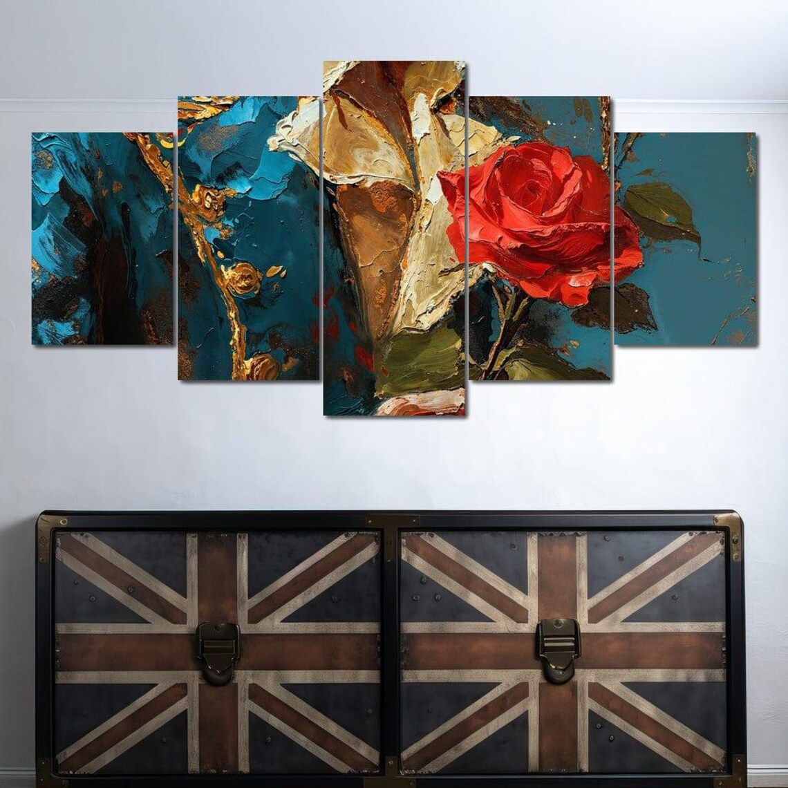 Red Rose and Blue Military Coat Romantic Oil Painting Floral Wall Art - Image 4