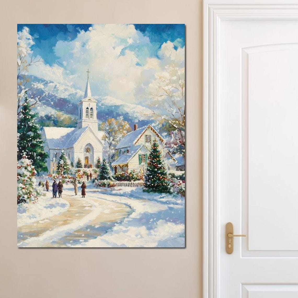 Snowy Village Chapel Christmas Scene Winter Village Gathering Poster - Image 2