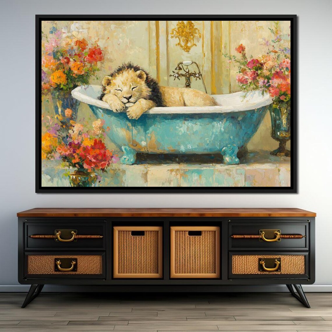 Sleepy Lion Relaxing In Blue Bathtub Floral Whimsical Animal Wall Print - Image 4