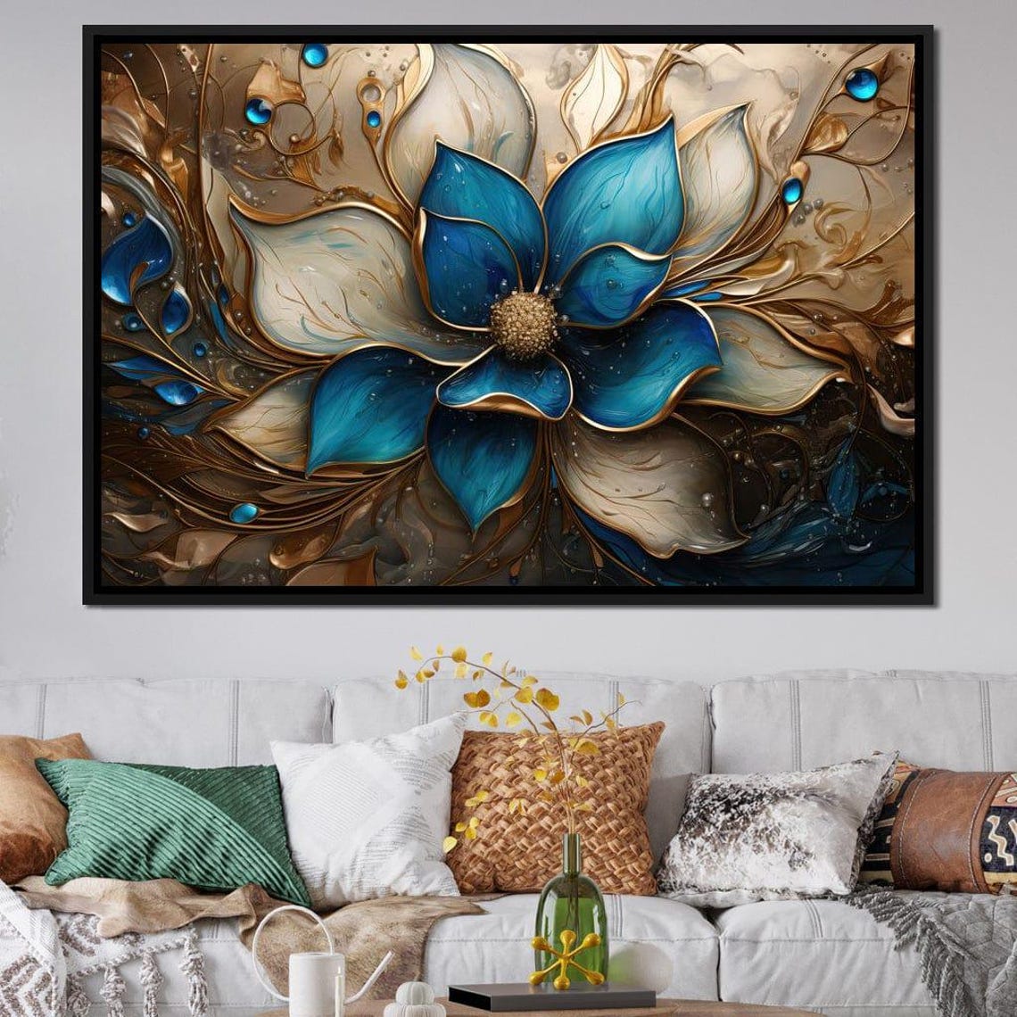 Blue Gold Floral Multi Panel Canvas Bloom Elegant Modern Poster - Image 3