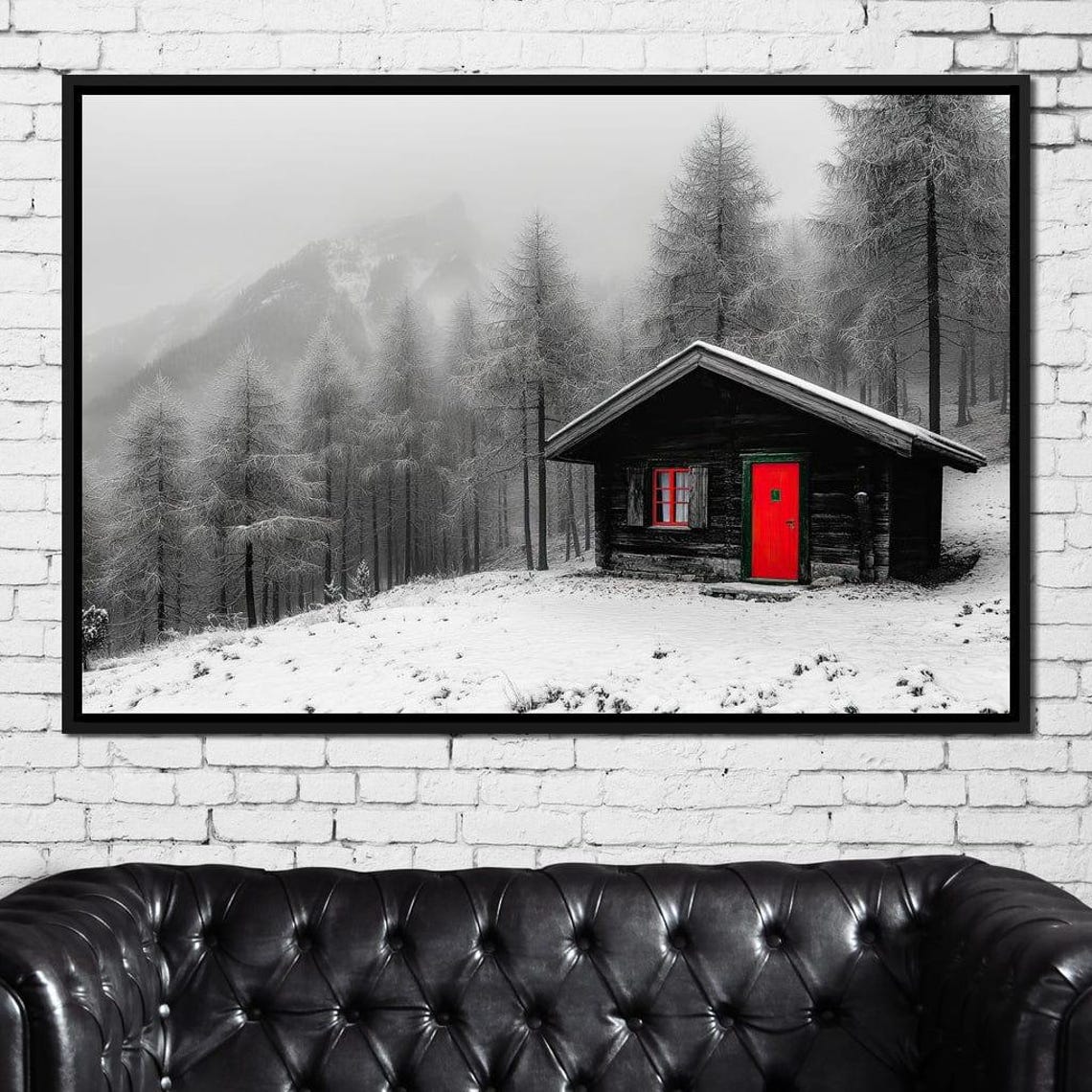 Snowy Mountain Cabin Red Door Winter Forest Selective Color Poster - Image 4