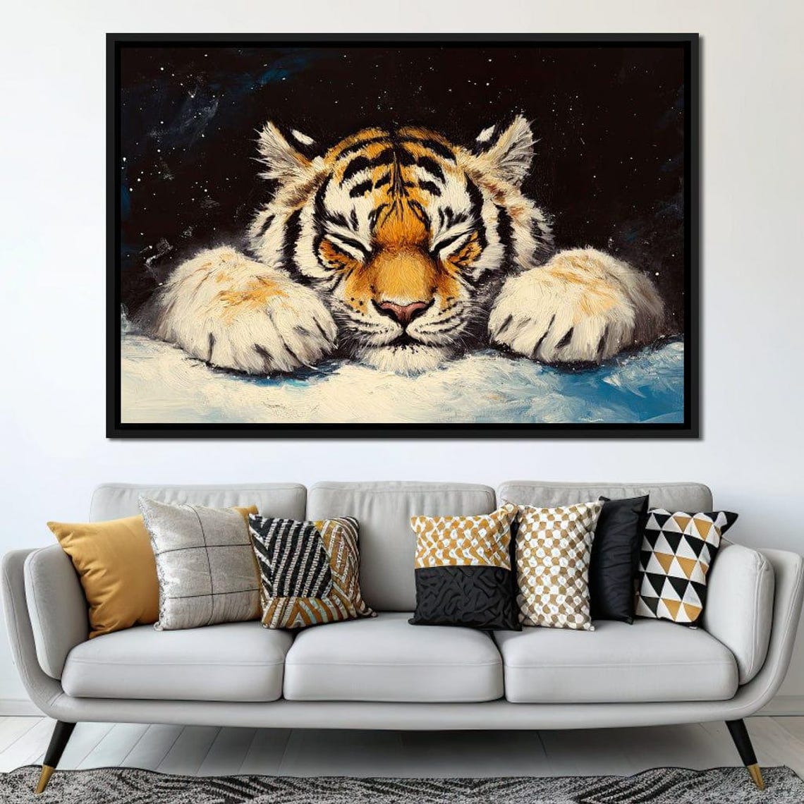 Sleeping Tiger Lying In Fresh Snow Under A Starry Night Poster - Image 2