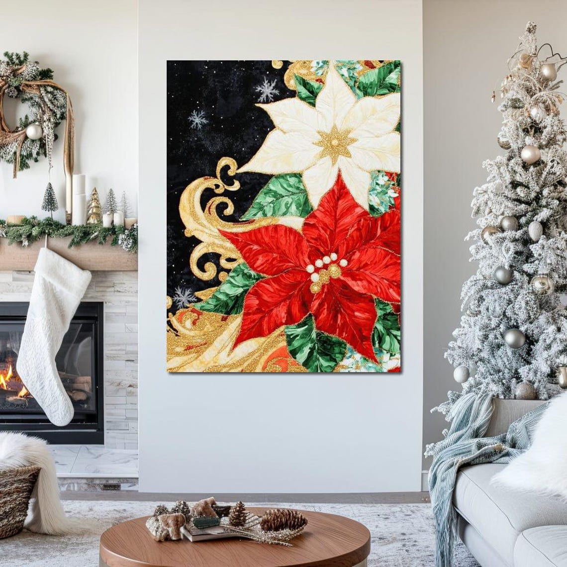 Red And White Poinsettia Gold Swirls Black Holiday Floral Poster - Image 2
