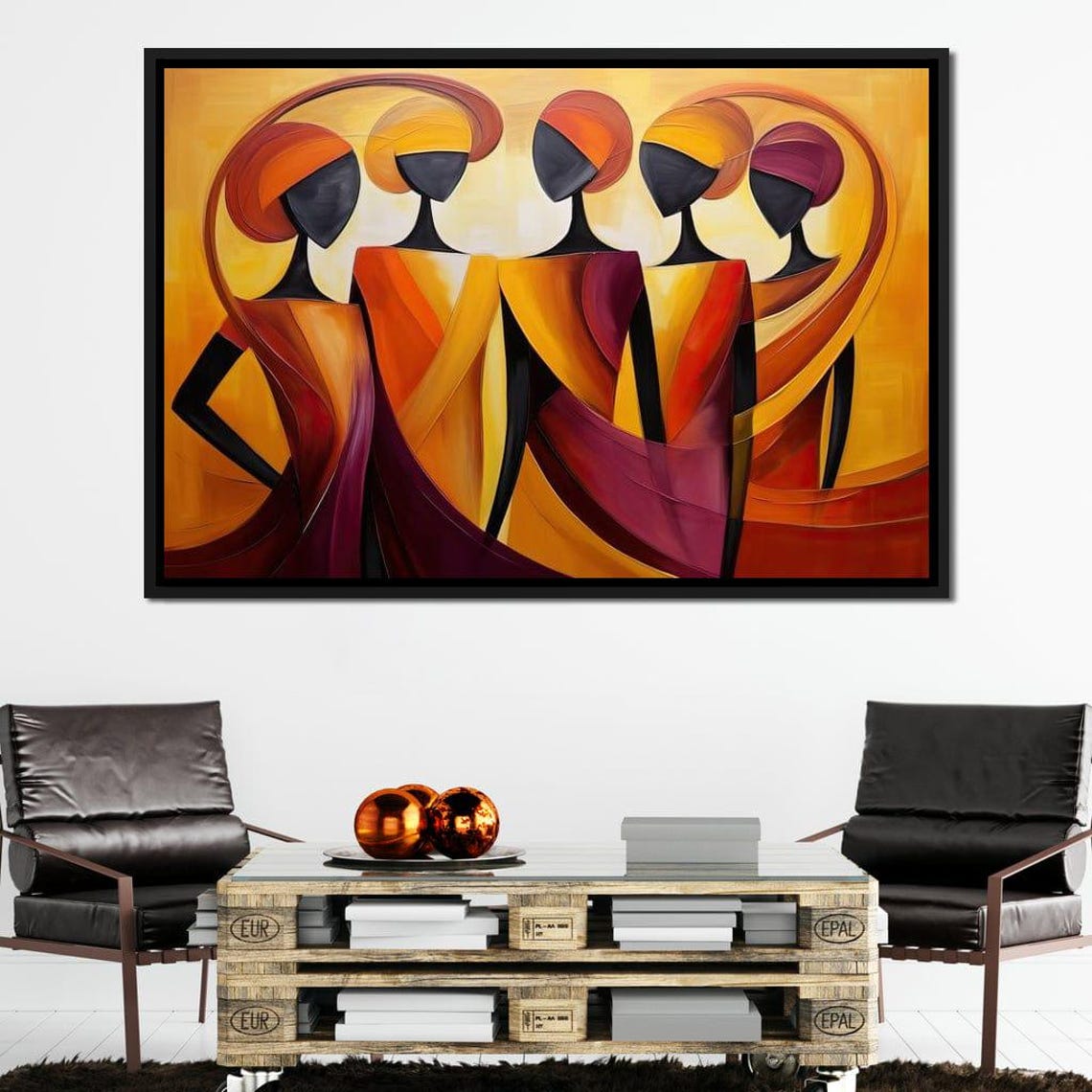 Abstract African Sisterhood Warm Orange Flowing Figures Wall Art - Image 3
