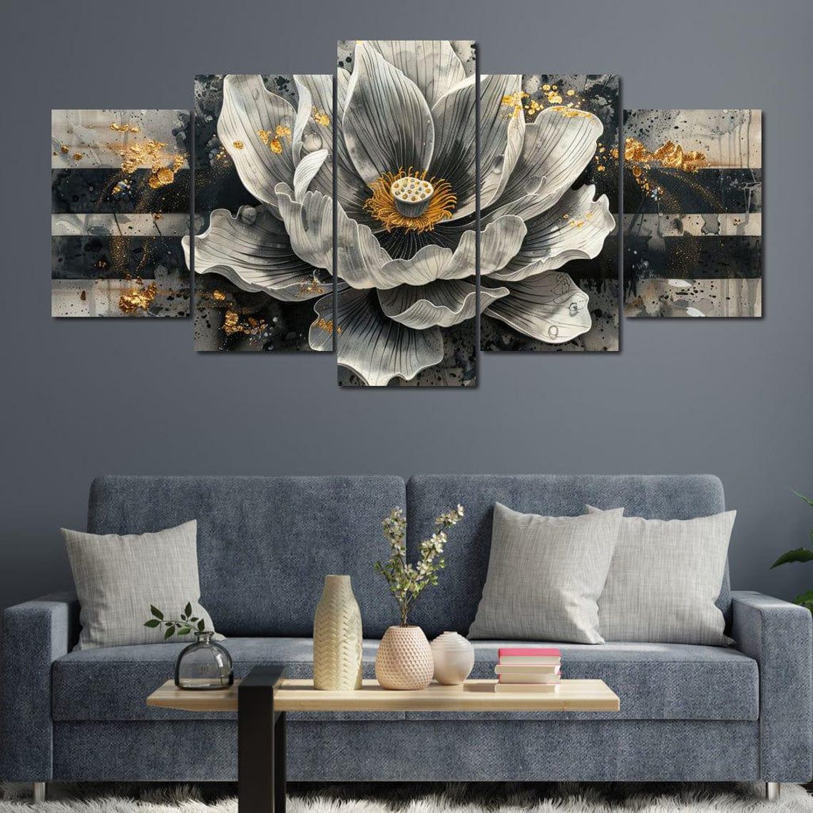 Monochrome Peony Blossom Gold Splatter Ink Abstract Wall Art Poster - Image 4