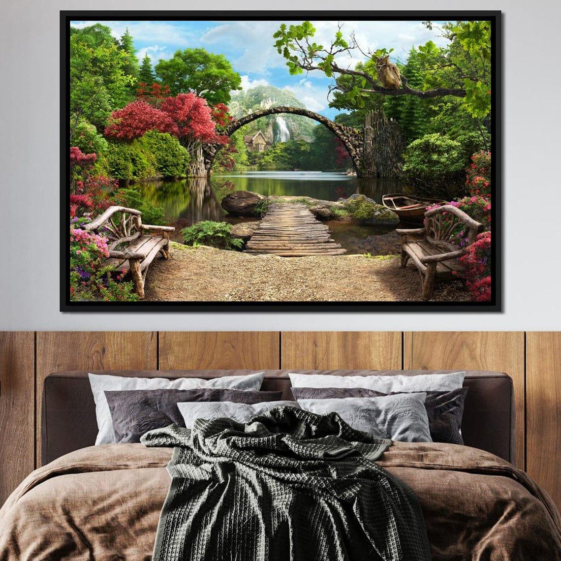Stone Bridge Serene Landscape Wall Art Nature Scene Lakeside Decor Peaceful View Garden Decor Multicolor By Nichecanvas - Image 4