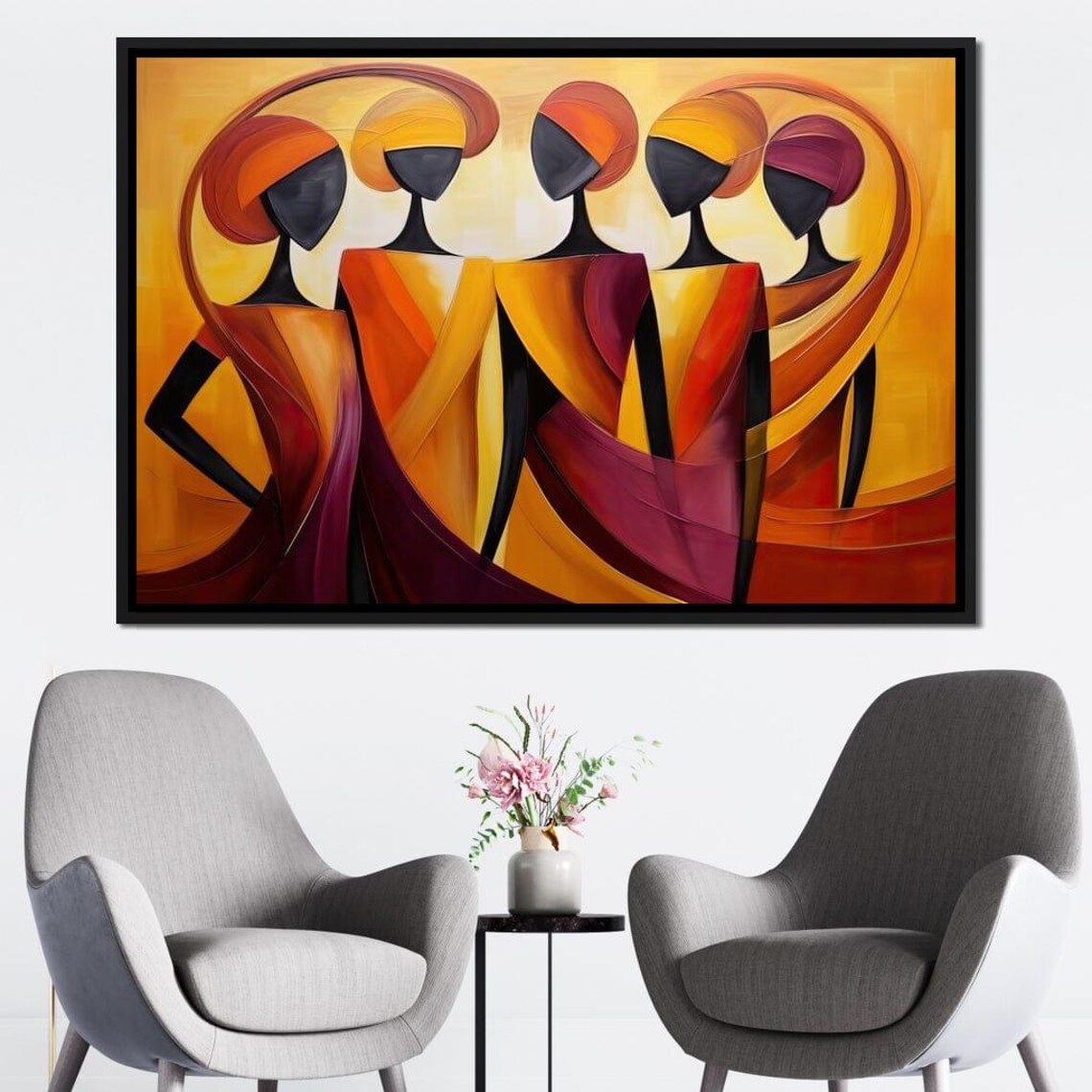Abstract African Sisterhood Warm Orange Flowing Figures Wall Art - Image 2
