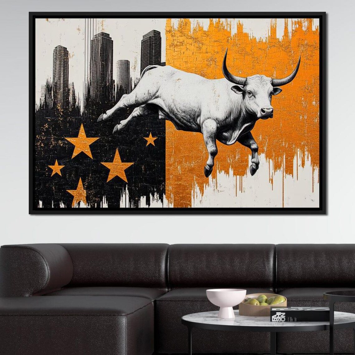 White Bull Leaping Gold Stars Orange Black Abstract Market Wall Art Poster - Image 2
