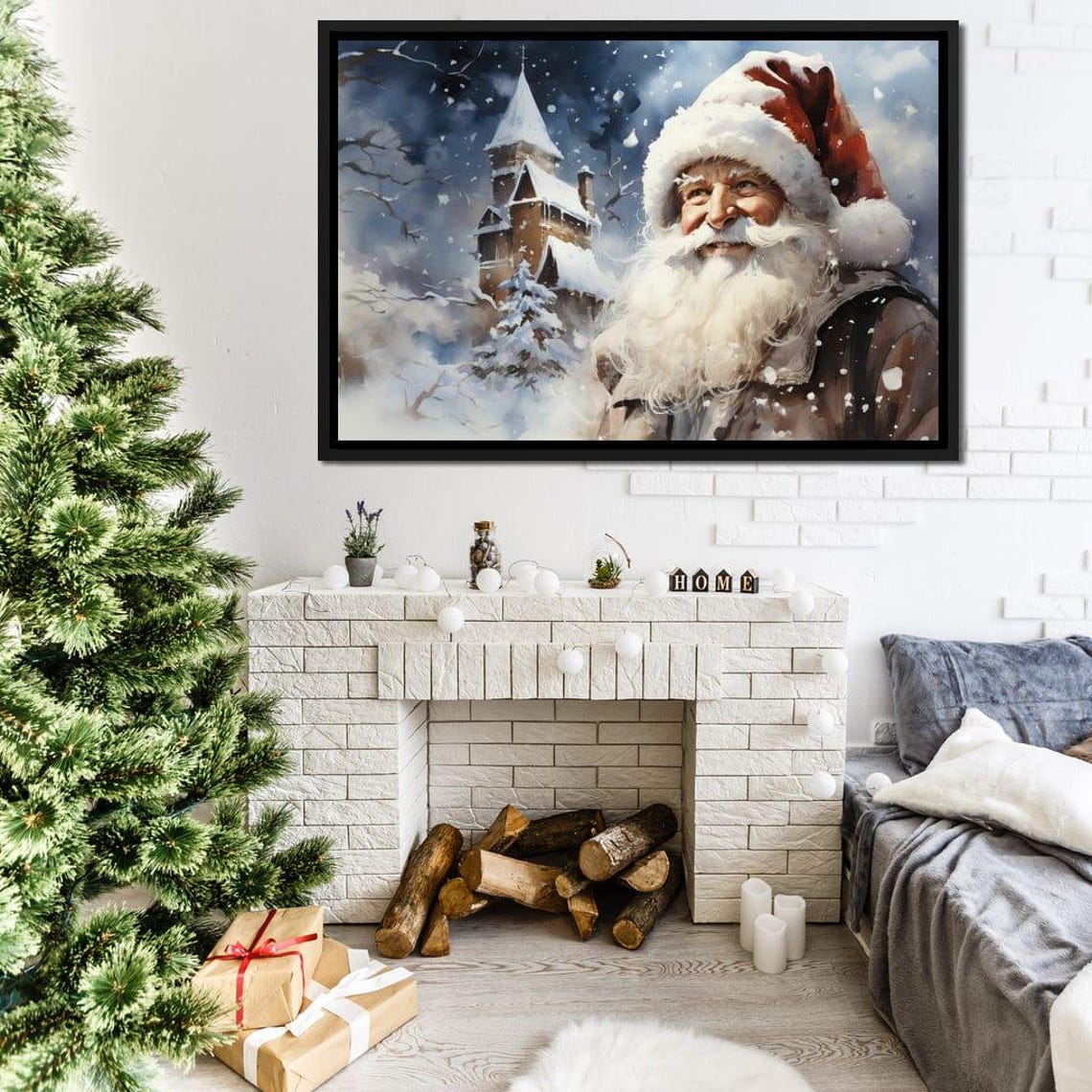 Santa Claus Snowy Village Church Watercolor Nostalgic Christmas Poster - Image 2