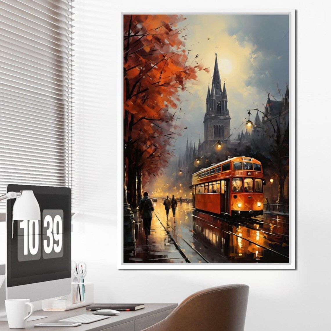 Rainy Autumn Evening Street Red Tram Vintage European City Wall Art