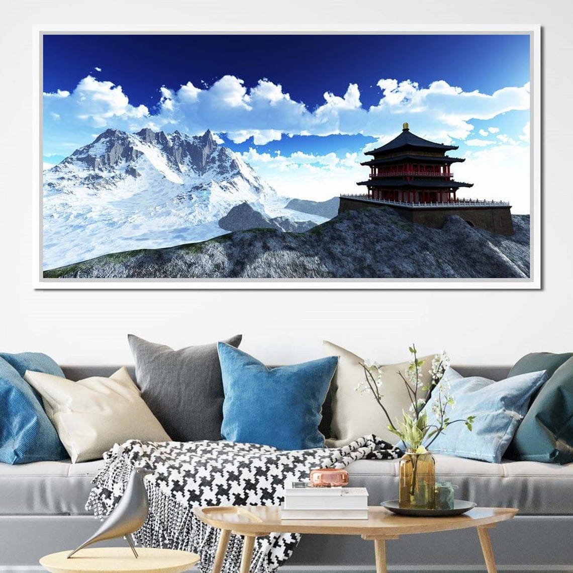 Serene Mountain Temple Peak Snowy Buddhist Shrine Landscape Poster